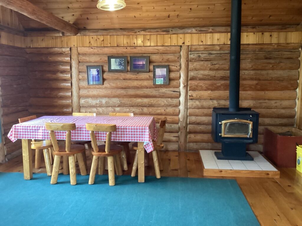 Log cabin interior with wooden furniture, a dining table covered in a checkered cloth, wall art, and a black wood-burning stove.