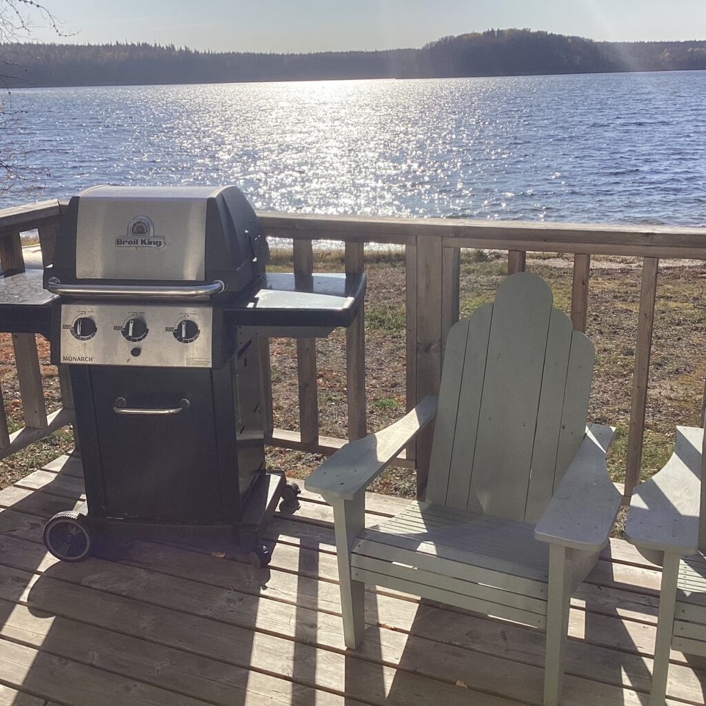 A gas grill and two Adirondack chairs are on a wooden deck overlooking a sunlit lake with a forested shoreline in the distance.