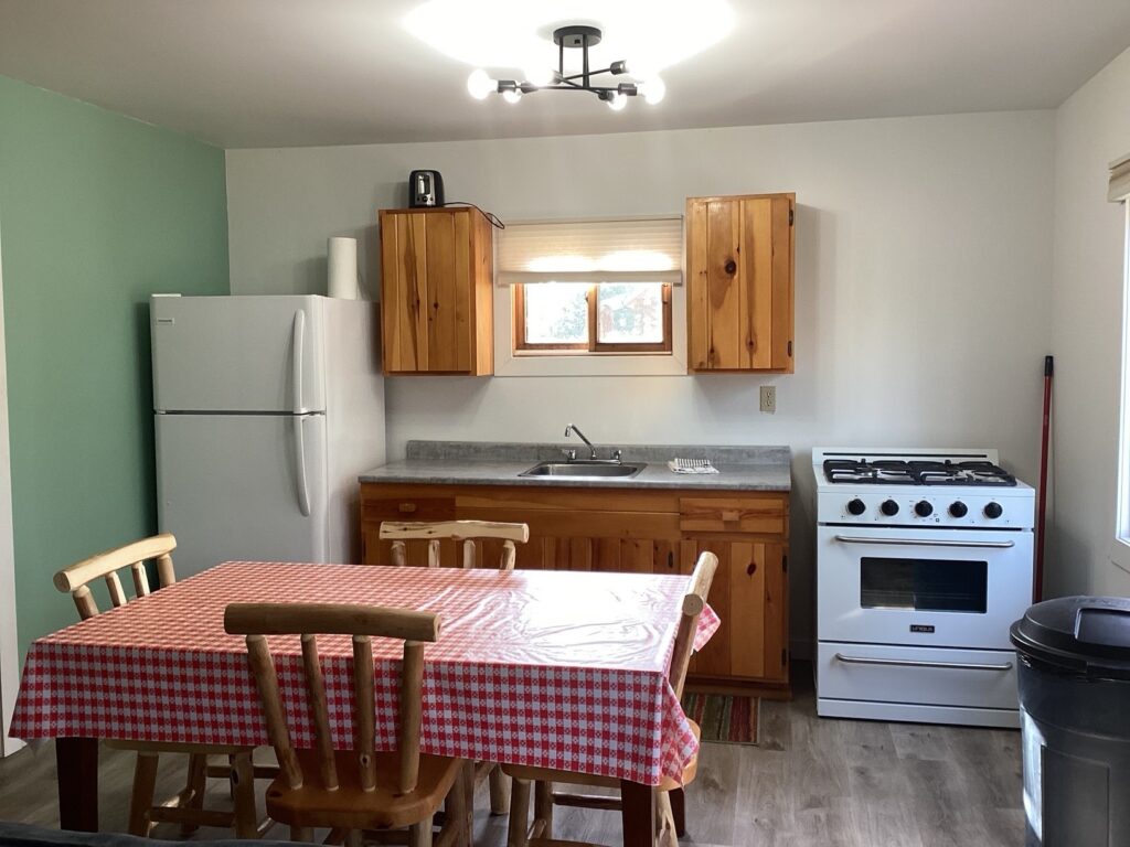 Small kitchen with wooden cabinets, dining table with checkered tablecloth, stove, refrigerator, and overhead light fixture.