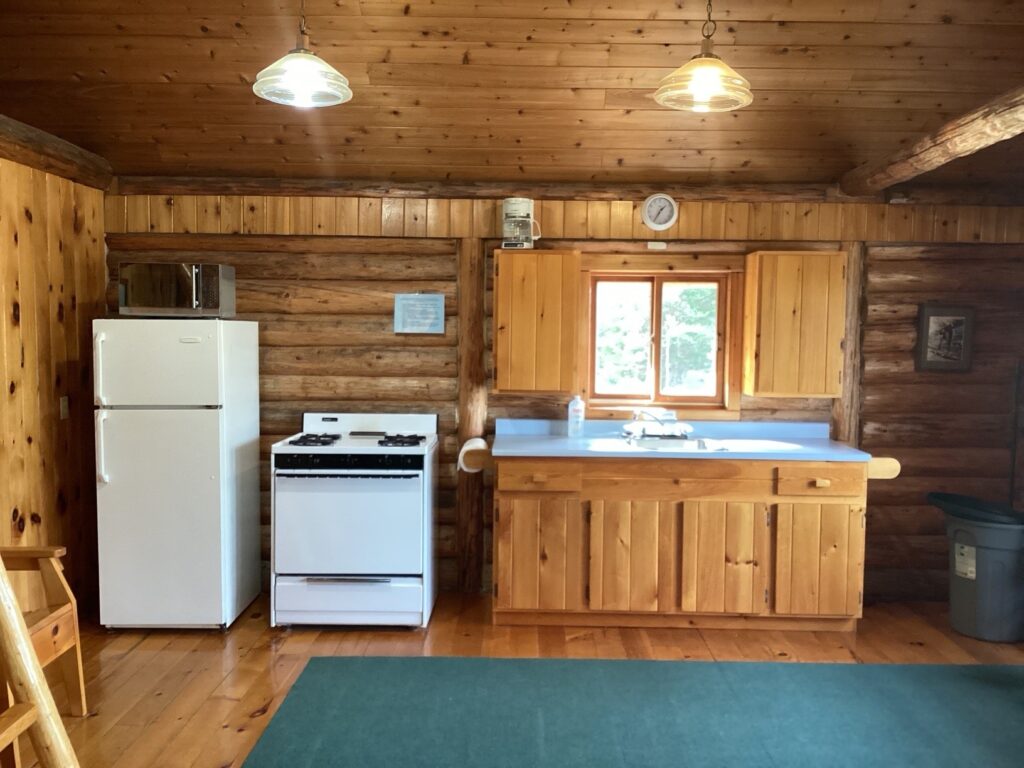 Rustic kitchen with wooden walls and ceiling, white fridge, stove, sink, and blue countertop. Two hanging lights above.