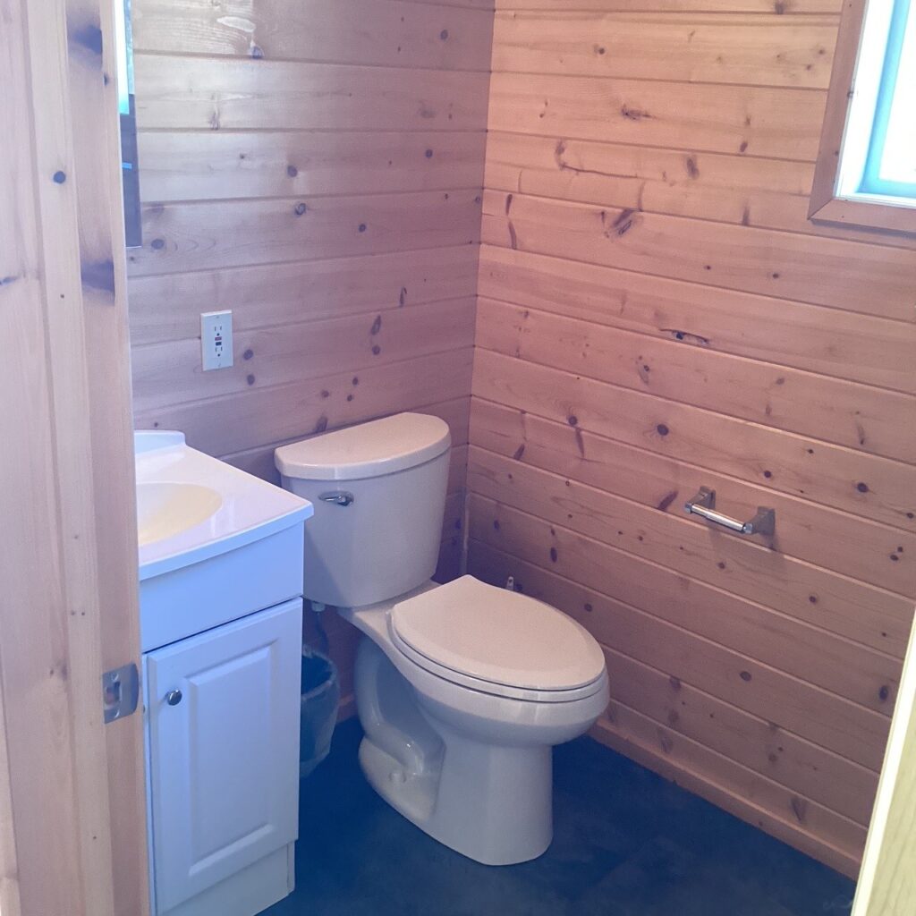 Small bathroom with wooden walls, a white toilet, a small sink cabinet, and a toilet paper holder on the wall.