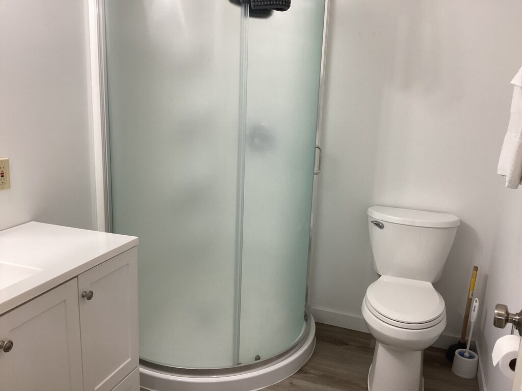 Small bathroom with corner shower, white toilet, sink cabinet, and cleaning tools. White walls and wood-patterned floor.