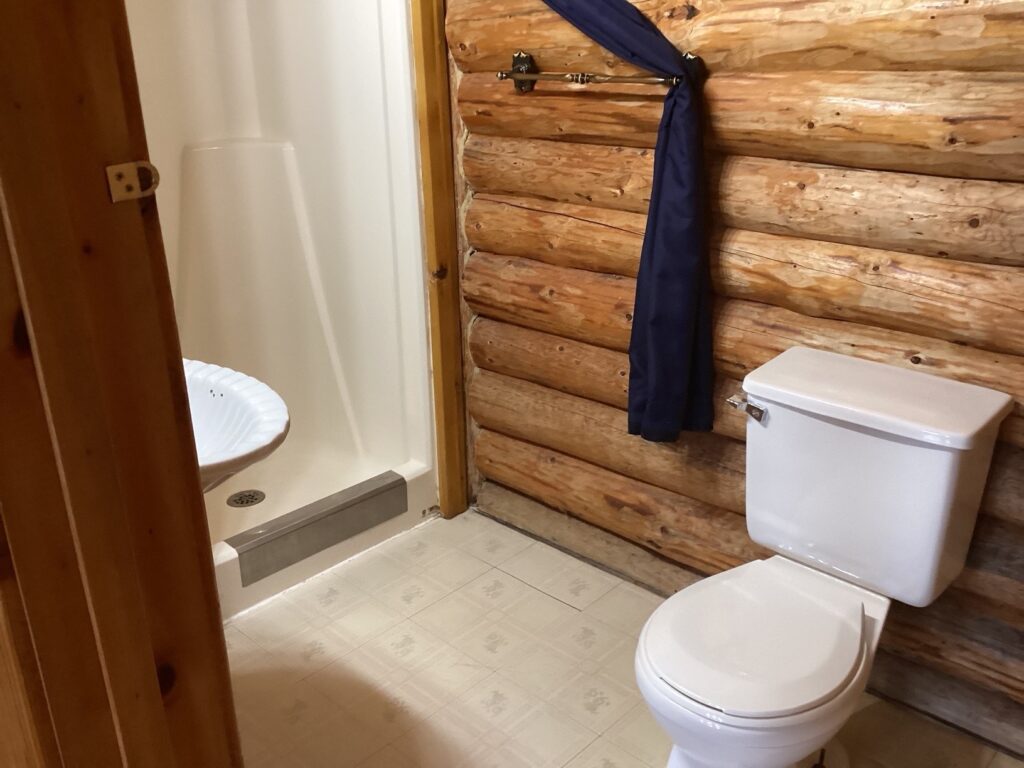 Log cabin bathroom with a white toilet, sink, and shower. Wooden walls and a towel hanging by the shower.