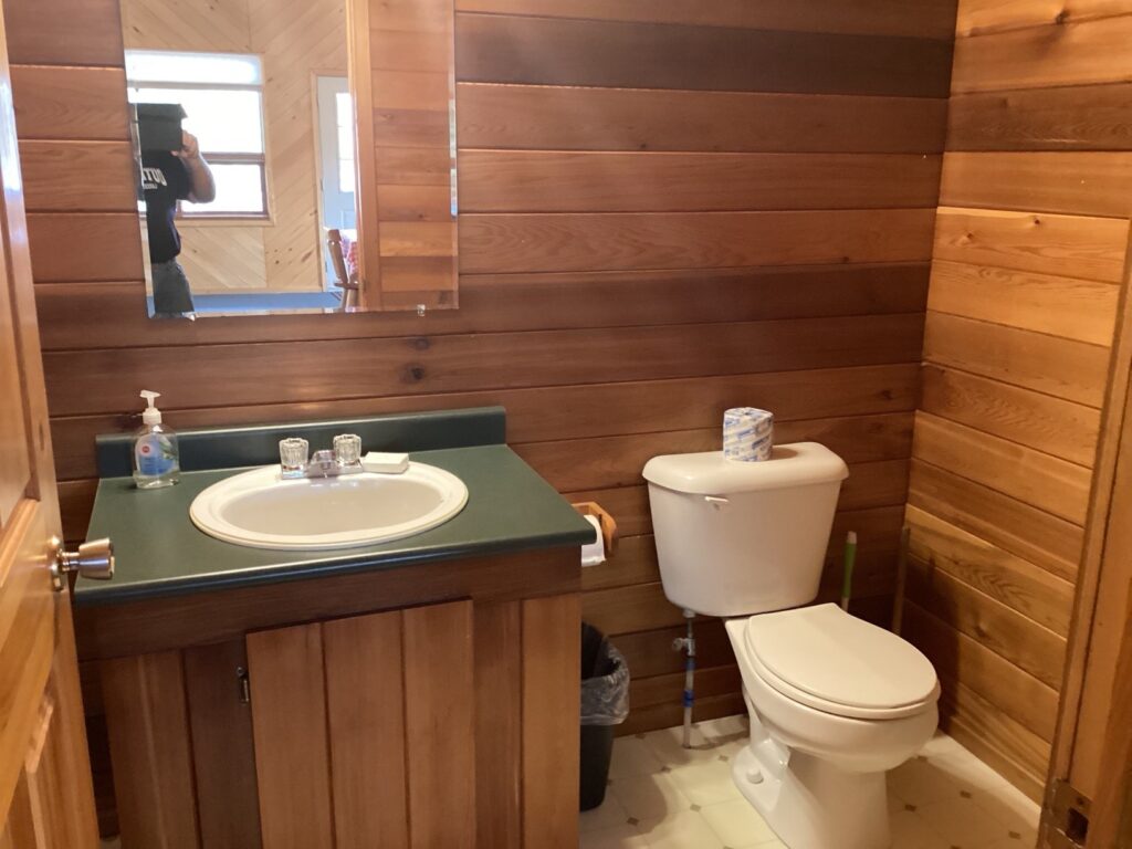 Wood-paneled bathroom with sink, green countertop, mirror, toilet, toilet paper, hand soap, and trash can. Person in mirror.