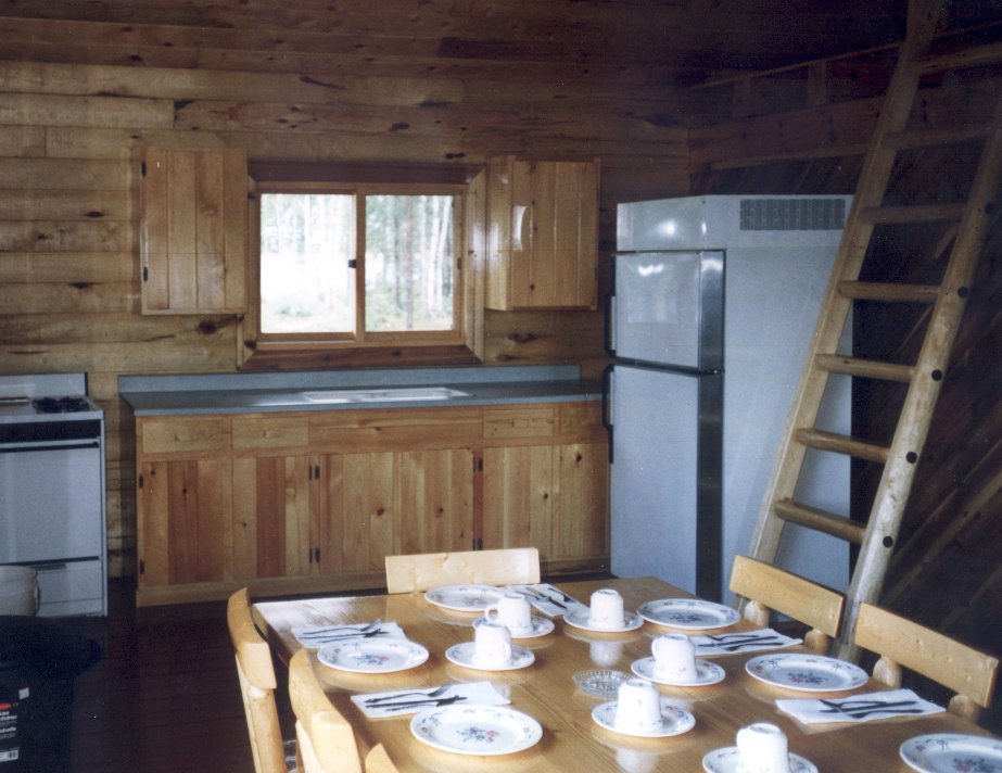 Rustic cabin kitchen with wooden cabinets and a table set with plates, cups, and cutlery. A ladder leads to a loft.