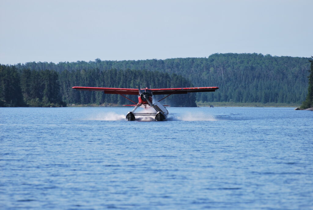 A red seaplane is taking off on a lake surrounded by dense forest under a clear blue sky.