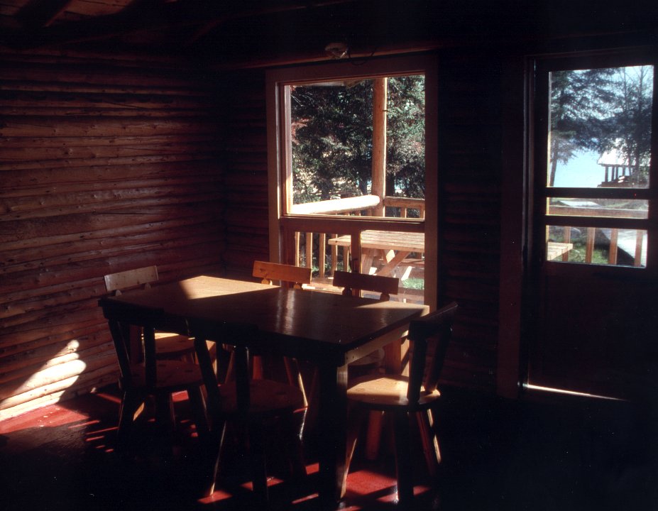 A dark log cabin interior with a wooden table and chairs, illuminated by sunlight from a window and open door.